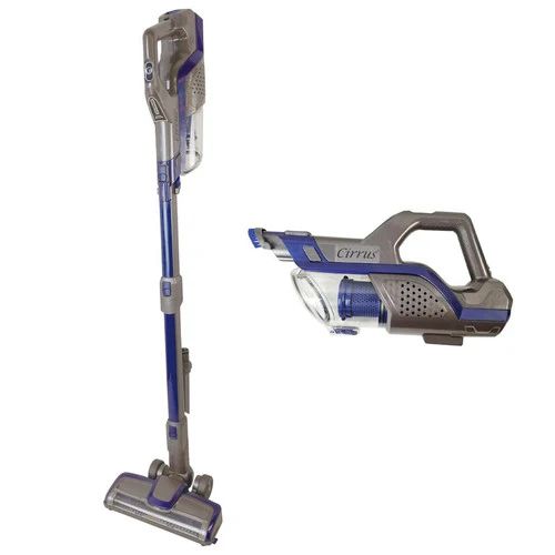 A cordless vacuum cleaner with a brush attached to it on a white background.