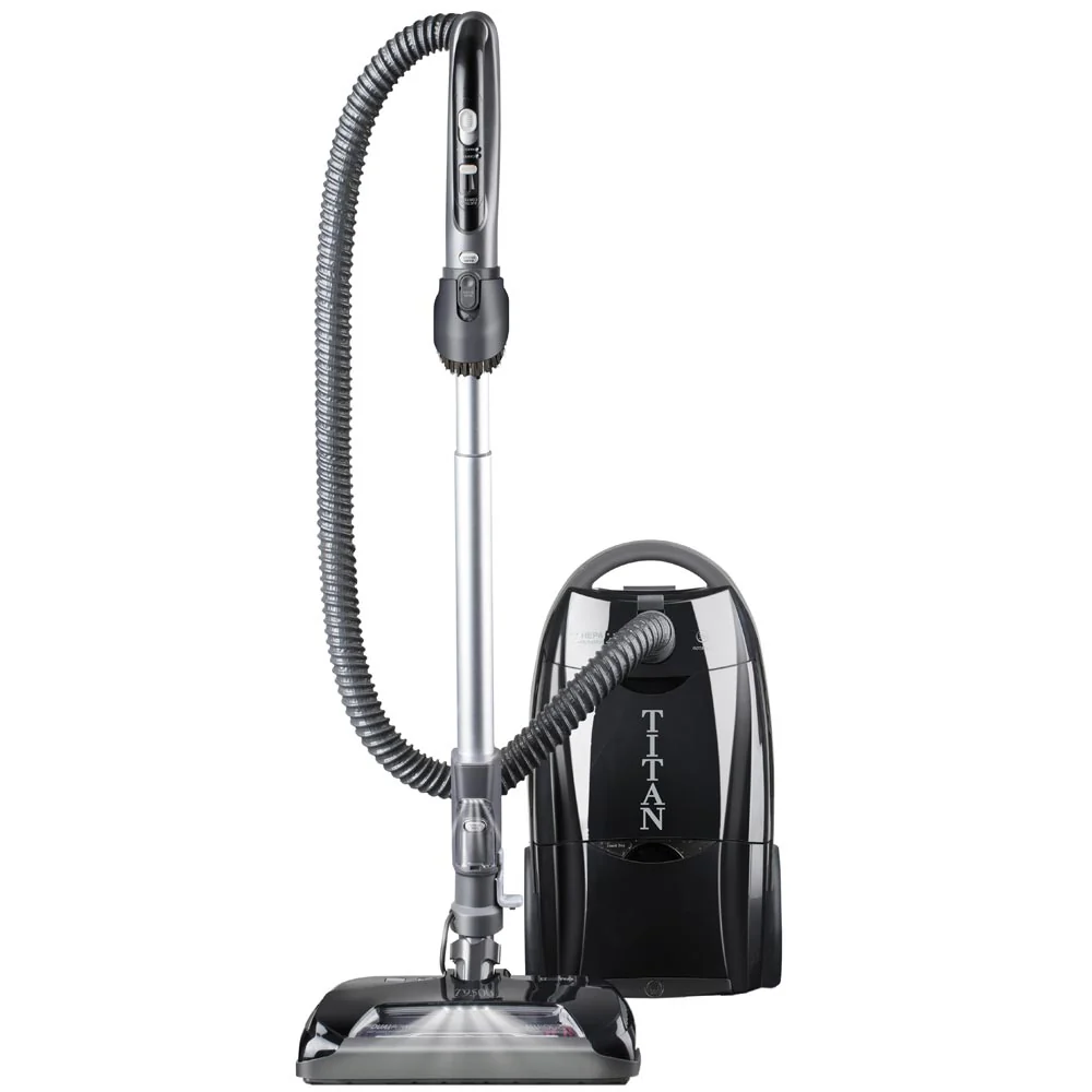 A black vacuum cleaner with a long hose on a white background