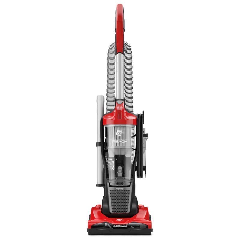 A red vacuum cleaner is sitting on a white surface