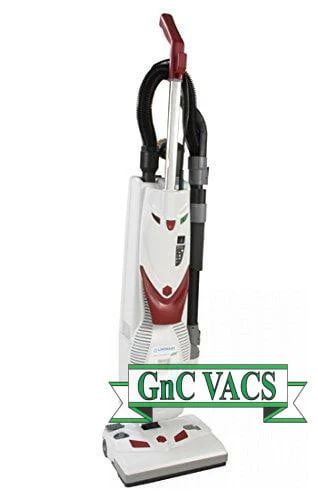 A white and red vacuum cleaner is sitting on a white surface