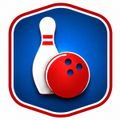 Blue shield logo with a white bowling pin and red bowling ball with three holes