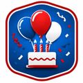 Blue birthday badge with red, white, and blue balloons above a cake with candles and confetti