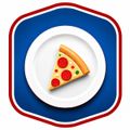 Blue badge with a white plate and a slice of pepperoni pizza icon