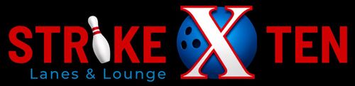 Strike X Ten logo in red and white on a black background, with a bowling pin replacing the &ldquo;I&rdquo;.