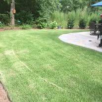 A lush green lawn with a patio and chairs in the background.