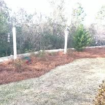 A backyard with a fence and a pile of mulch.