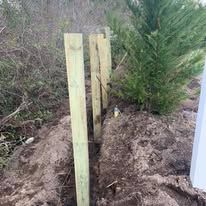 A wooden fence is being built in the dirt next to a tree.