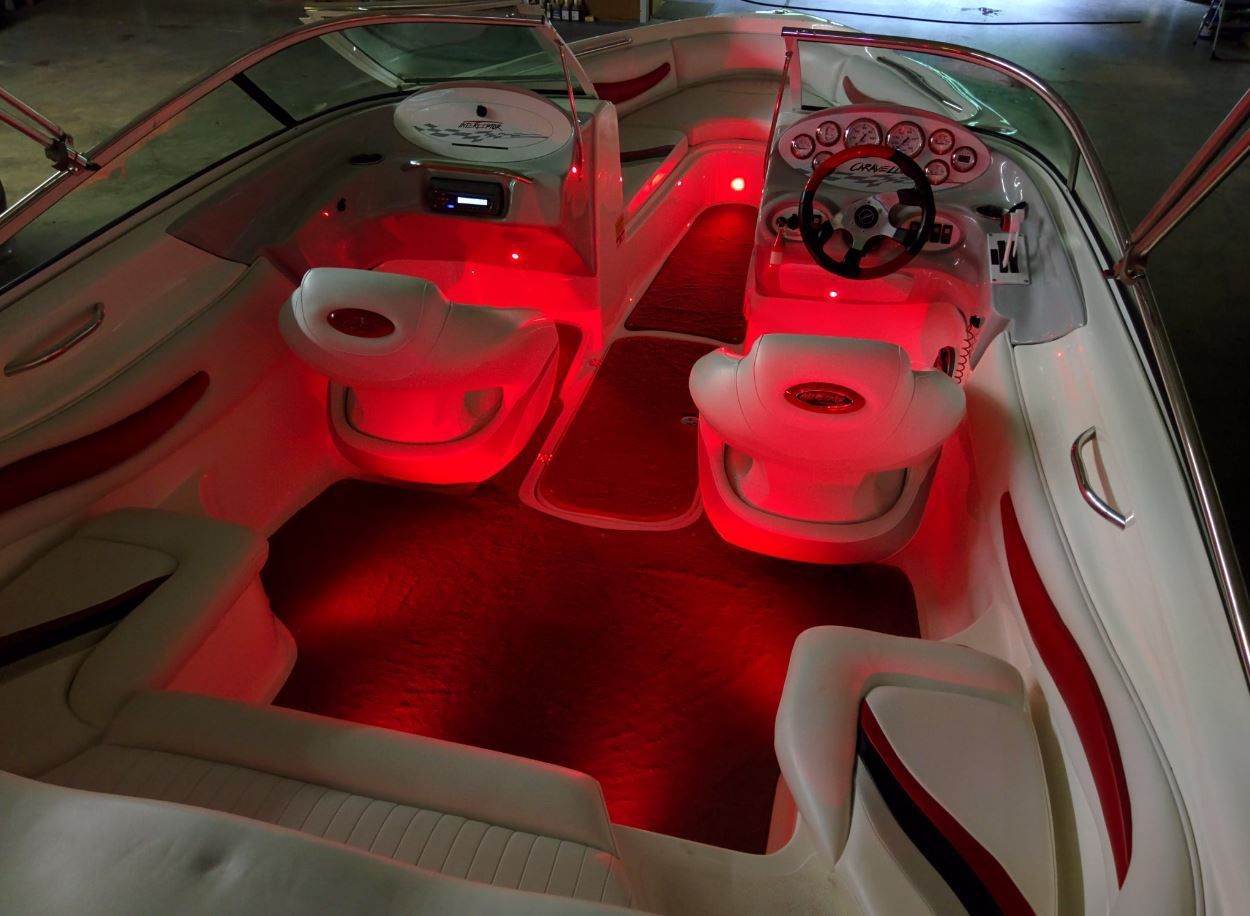 Interior of a white boat with red lighting