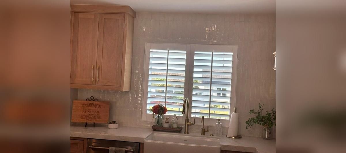 Kitchen sink beneath a window with white blinds and a potted plant, wood cabinets on the left.