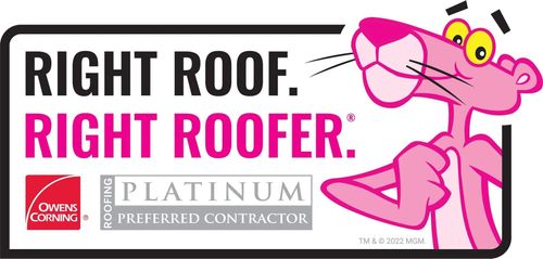 Pink Panther cartoon pointing near text: "Right Roof. Right Roofer." Owens Corning Preferred Contractor.
