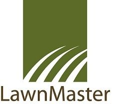 LawnMaster logo with green grass blades and brown text on a white background