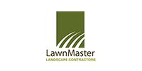 Logo for LawnMaster landscape contractors: green rectangle with curved white lines over text.