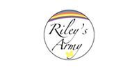 Logo for Riley's Army, a name in cursive within a circle with a rainbow top and yellow design at the bottom.