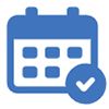 Blue calendar with a checkmark, indicating a confirmed date.