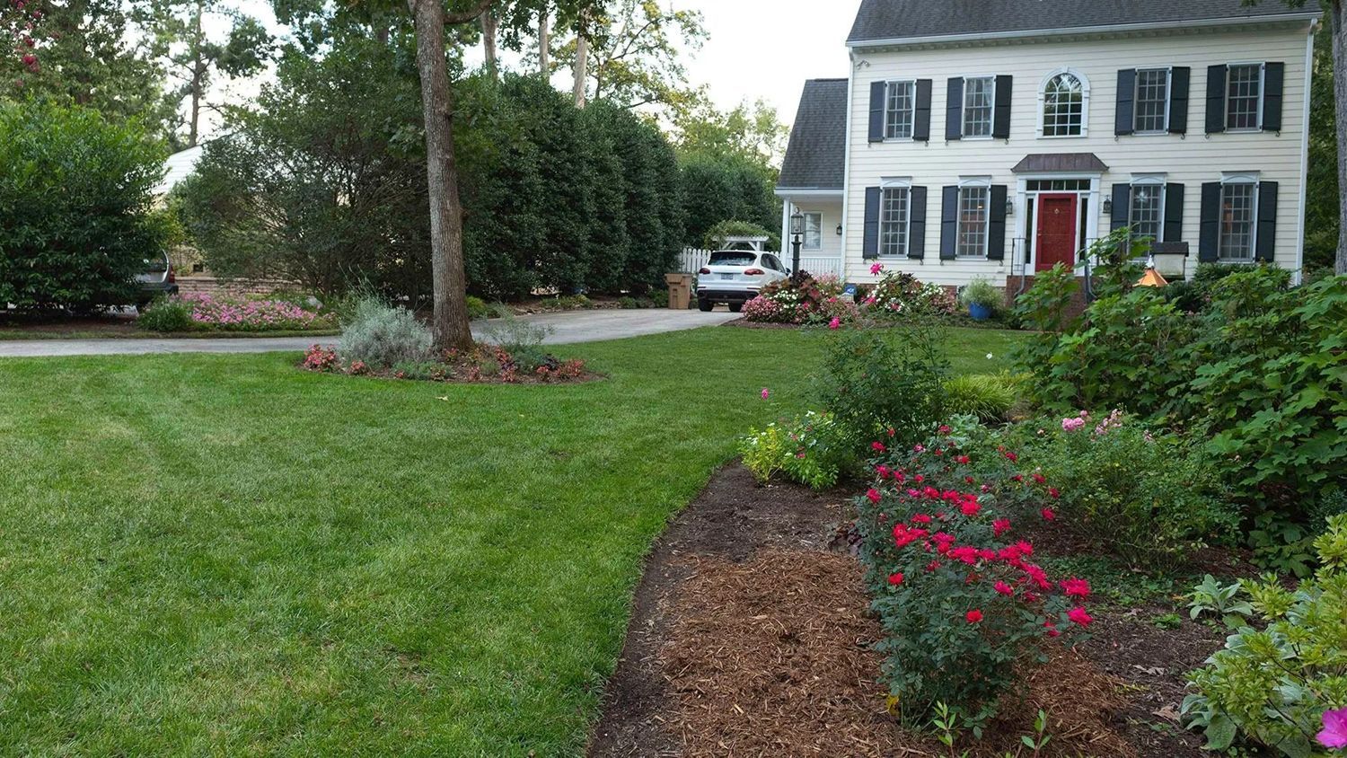 White house with black shutters behind a landscaped green lawn and flower beds.