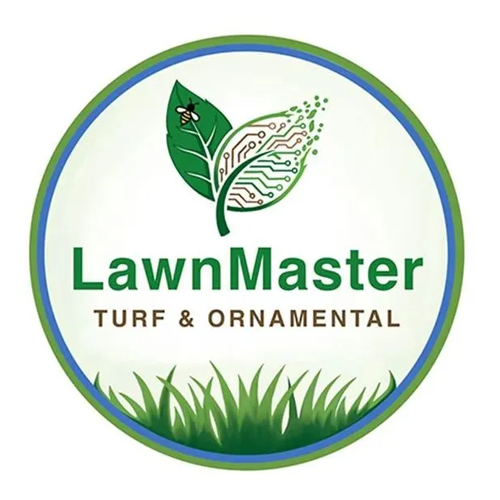 LawnMaster logo with green square, white curved grass blades, and brown text