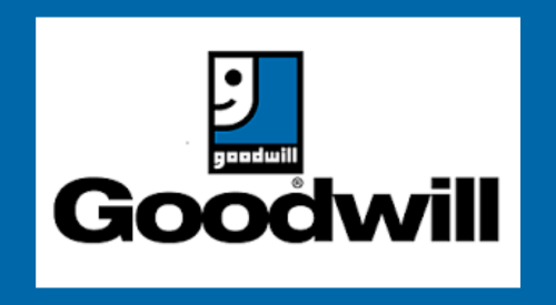 Goodwill logo: a blue and white square with a smiling face and the word