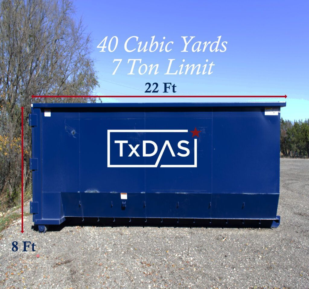 Blue 40-cubic-yard dumpster with a 7-ton limit; exterior dimensions are 22 ft long and 8 ft high, set on gravel.
