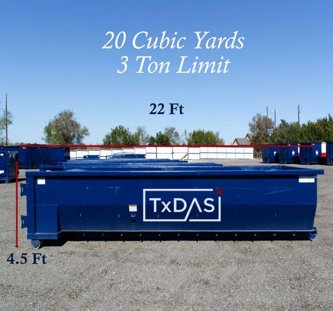 Blue 20-cubic-yard dumpster, 22 ft long, with a 3-ton limit, against a blue sky.