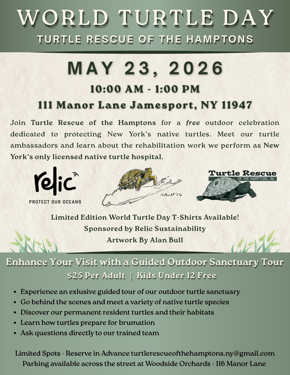 Event flyer for World Turtle Day on May 23, 2026, at Turtle Rescue of the Hamptons in Jamesport, NY, featuring sanctuary tours.