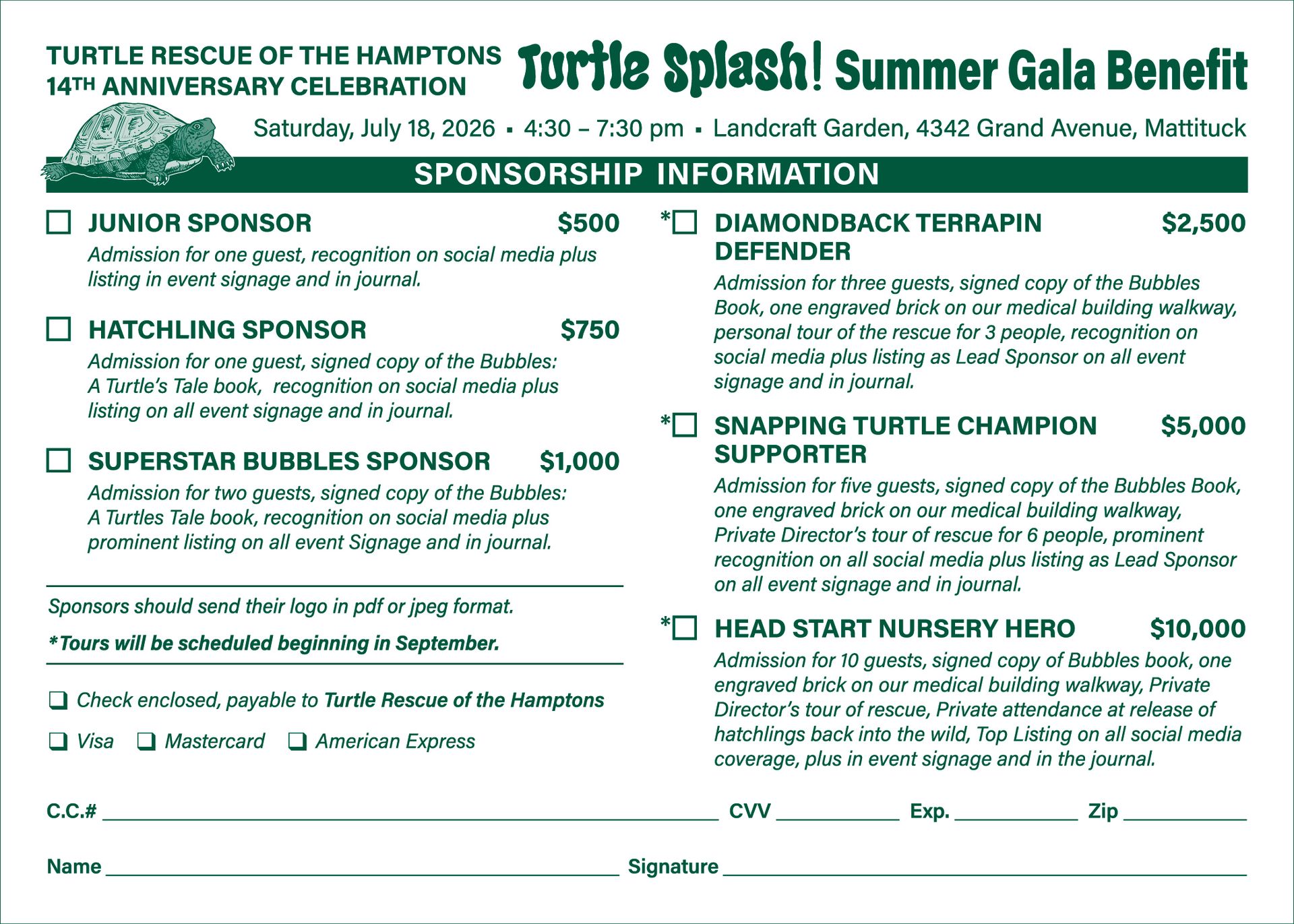Sponsorship form for Turtle Rescue of the Hamptons 14th Anniversary Turtle Splash! Summer Gala benefit.