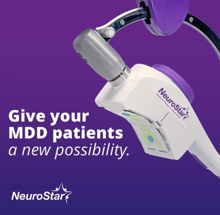NeuroStar MDD treatment device on purple background with text: “Give your MDD patients a new possibility.”