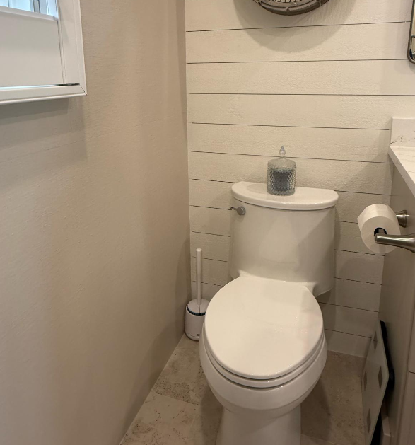 Small bathroom with a white toilet against a shiplap wall, toilet brush beside it and a roll holder on the right.
