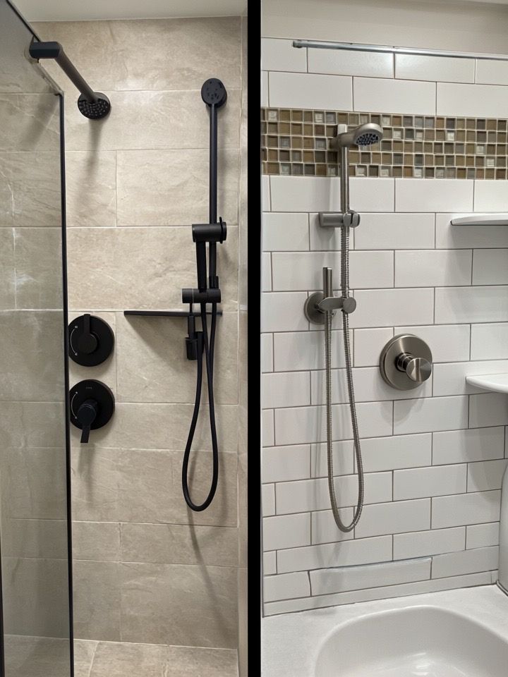 Accessible shower with grab bars, handheld showerheads, tile walls.