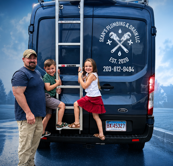 Family posing on the back of a navy plumbing van with ladder, smiling in an outdoor parking lot.