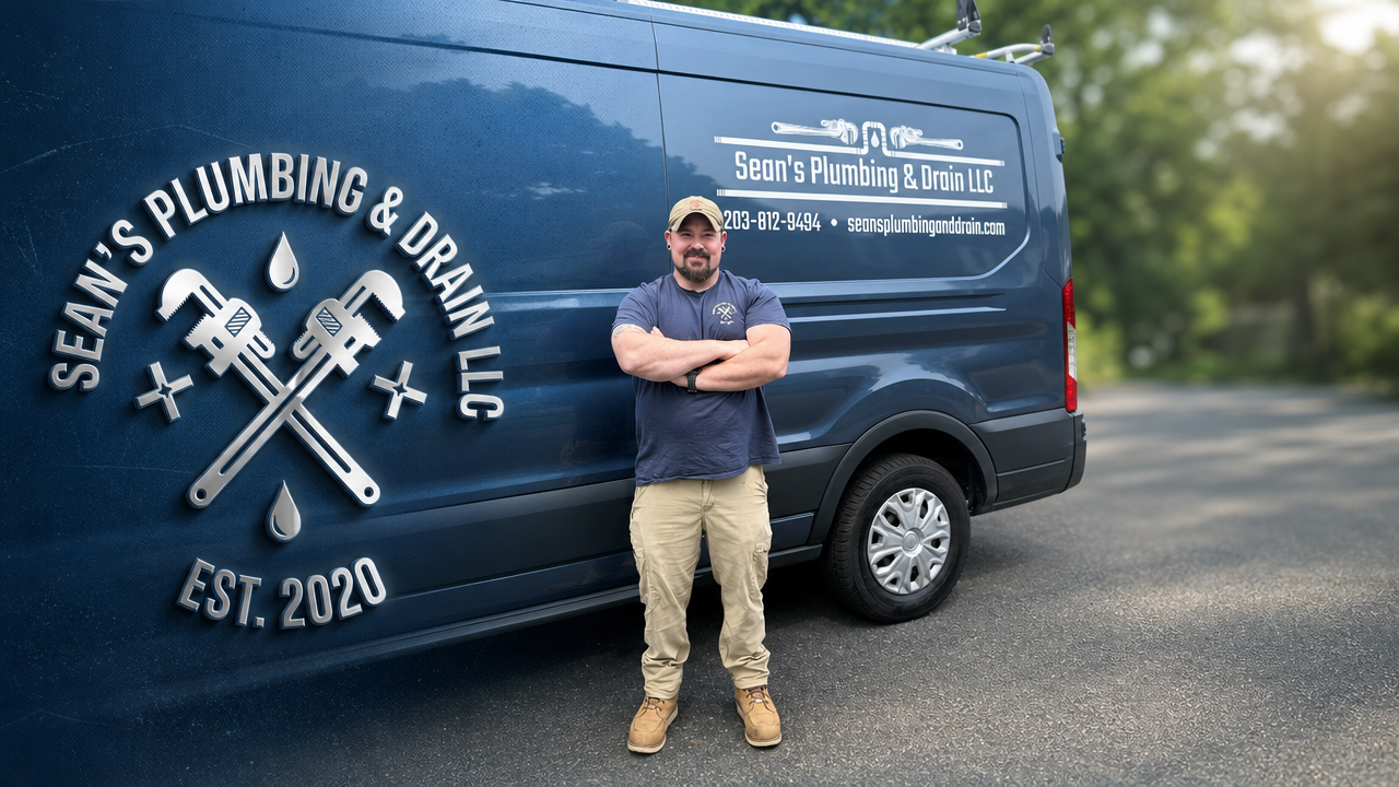 Man standing beside a blue Sean’s Plumbing & Drain LLC service van in a parking lot