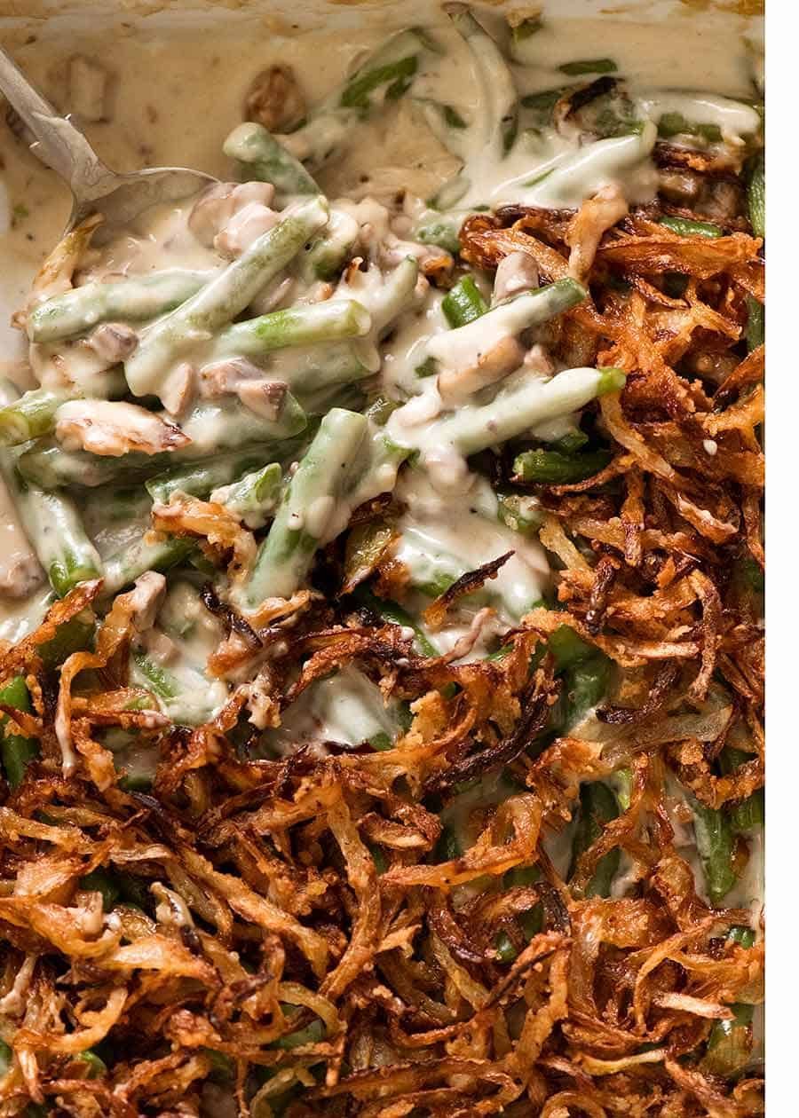 Green bean casserole with fried onions.