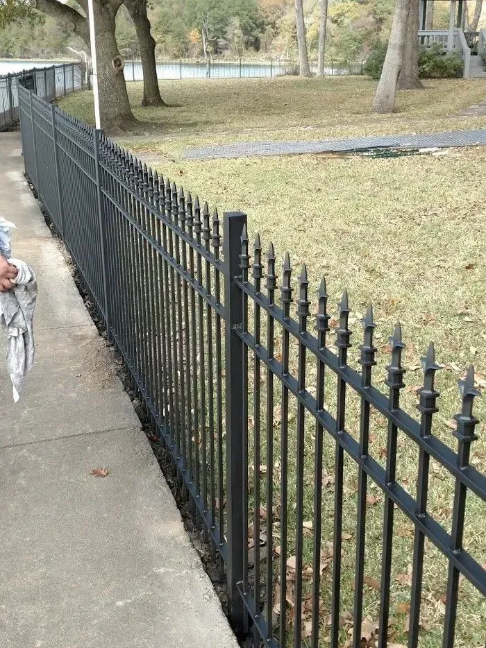 Black metal fence lining a concrete sidewalk beside a grassy yard, trees, and a body of water.