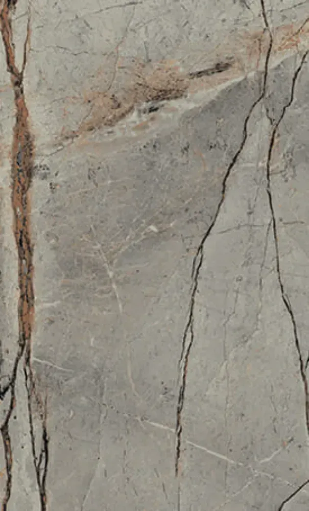 Gray and brown marble tile with dark veining.