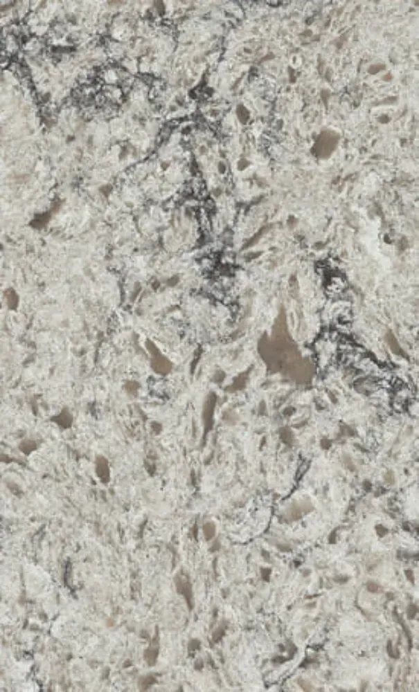 Light beige quartz countertop with dark grey veining and speckles.