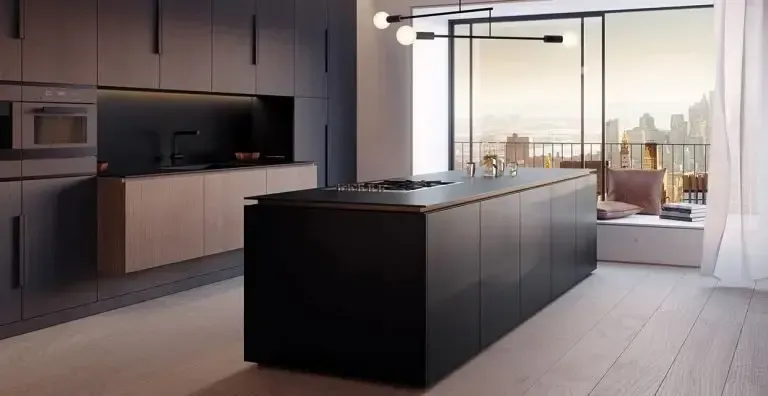 Modern kitchen with black island and cabinets, light wood floor, and cityscape view.