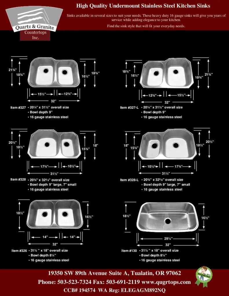 Stainless steel kitchen sink catalog, various models and dimensions displayed on a black background.