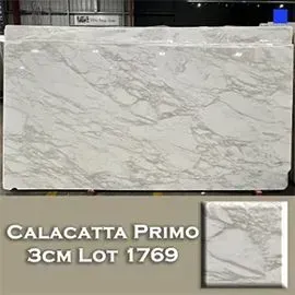 Calacatta Primo marble slab with gray veining, 3cm thick. A smaller sample is shown below.