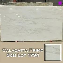 Calacatta Primo marble slab, white with grey veining. 3cm thick, Lot 1794.