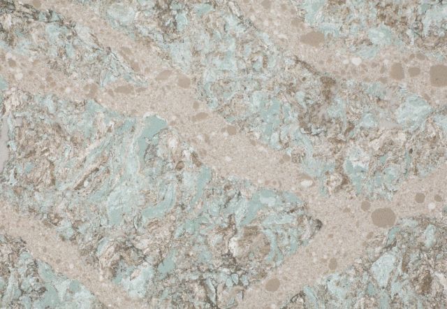 Light blue and tan speckled countertop with diagonal patterned veins.