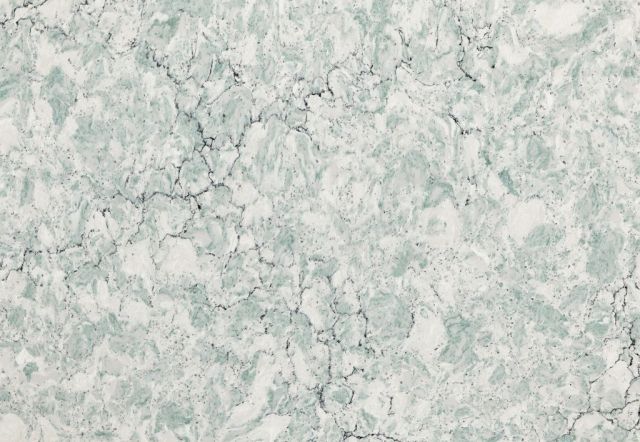 White and teal marbled stone countertop.