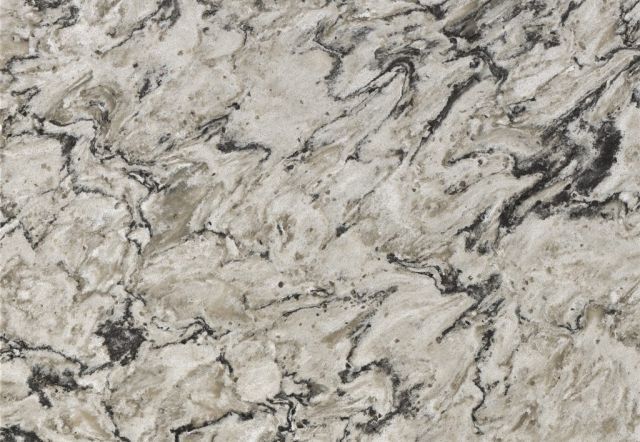 Swirled white and gray granite countertop with black veining.