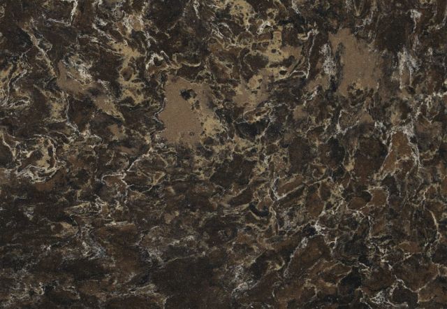 Dark brown quartz countertop with beige and white veining.