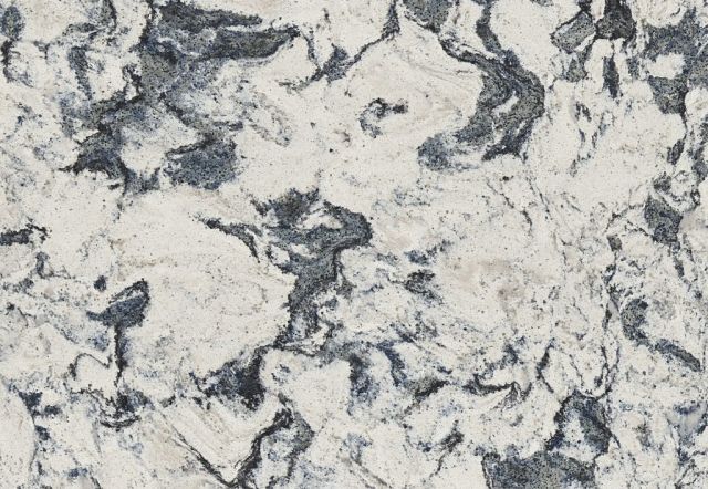 White and gray marble countertop with dark gray veining.