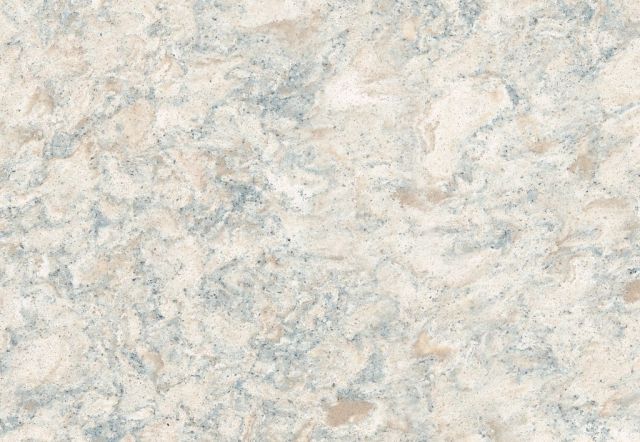Close-up of a countertop with a marbled pattern in cream, light blue, and tan tones.