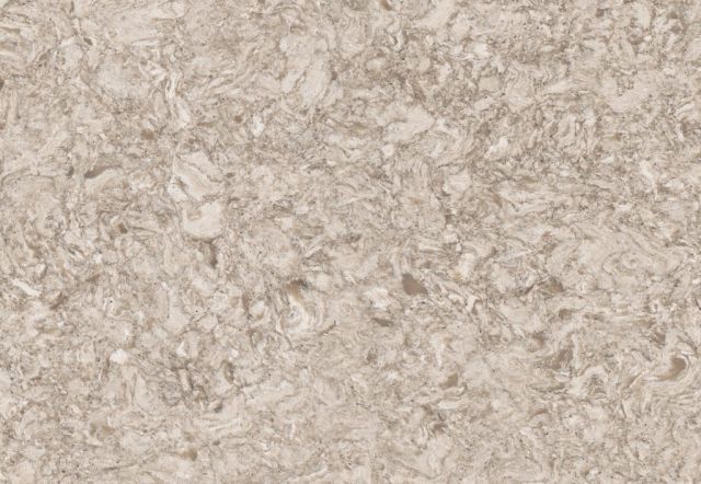 Beige and off-white quartz countertop with a mottled, veined pattern.