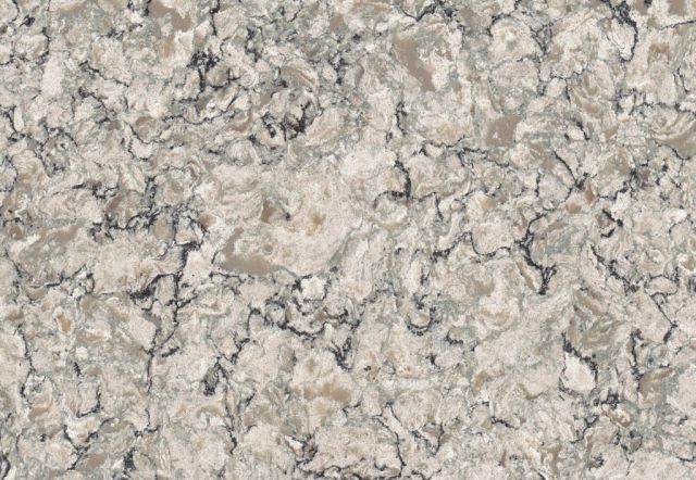 Close-up of a countertop with a beige and gray marbled pattern. Dark gray veining throughout.