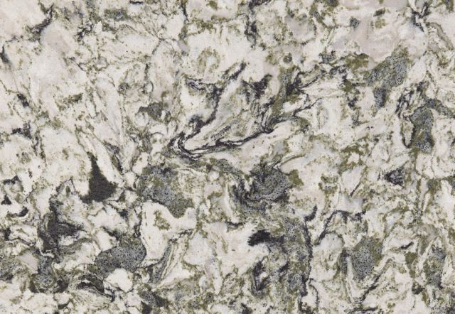 White, green, and black marbled stone surface with swirling patterns.