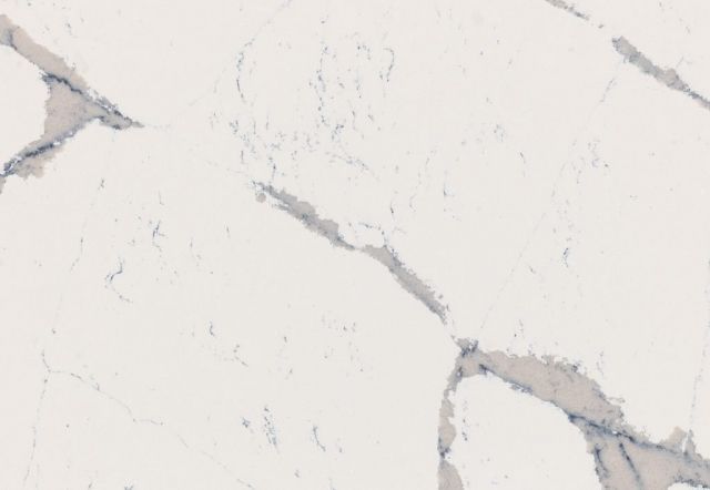 White marble pattern with gray and blue veining.