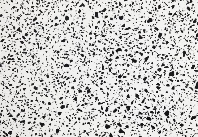 White surface with a speckled pattern of small, black irregular shapes.