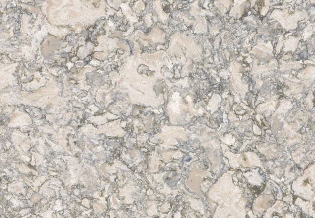 Cream and grey stone countertop with varied patterns.